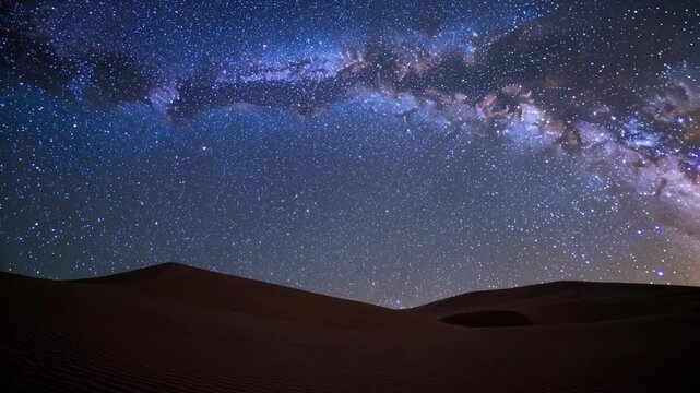 Milky Way Arch Over Desert Dunes Night Sky, Vast Starfield Stretching Across Horizon, Rippled Sand In Foreground, Deep Blue Glow, Tranquil Solitude Ideal For Astronomy And Night Photography