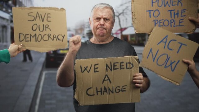 Man holding a cardboard protest sign that reads 'we need a change', raising a fist while other placards appear on a street; determination change.