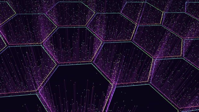 Abstract futuristic technology background with glowing hexagon network, neon gradient lines, and falling particle data streams, ideal for digital, AI, and cybersecurity themes