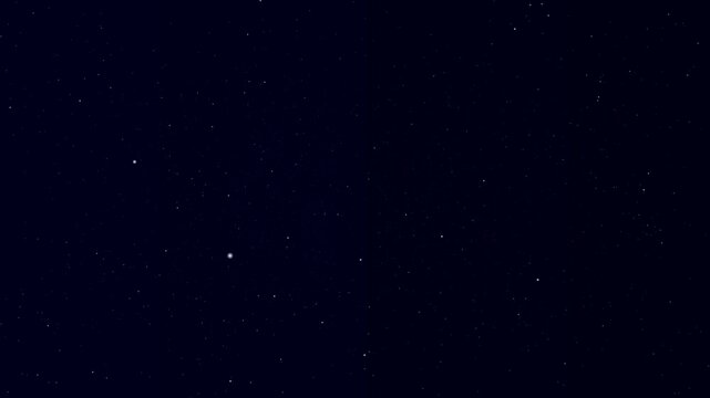Wide video of many white stars twinkling in the deep dark blue night sky while moving slowly forward. Concept of infinite space and cosmic journey
