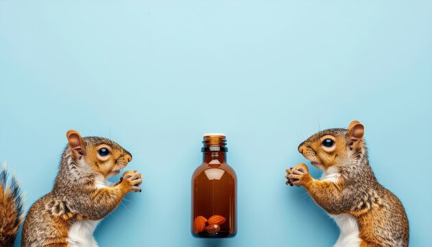 Whimsical Confrontation: Two Squirrels Guarding Their Stash of Almonds in Glass Bottle