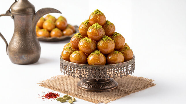 A pyramid of traditional middle eastern sweet dumplings called luqaimat or lokma on a decorative metal stand with a jug and spices on a white background