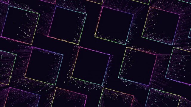 Abstract futuristic footage of glowing neon square frames and colorful particle trails on a dark background, ideal for technology, digital network, and motion design visuals