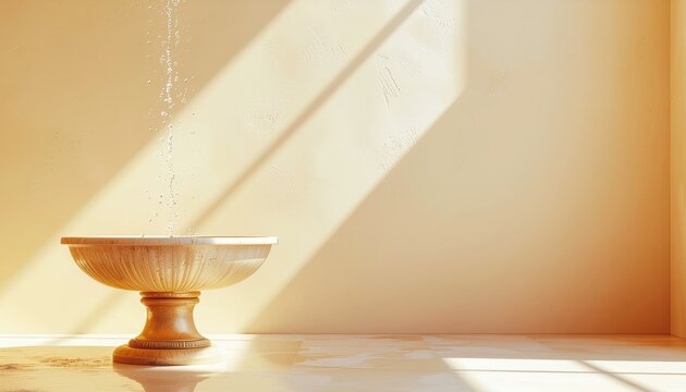 Elegant fountain with trickling water in a sunlit beige room creating a serene atmosphere