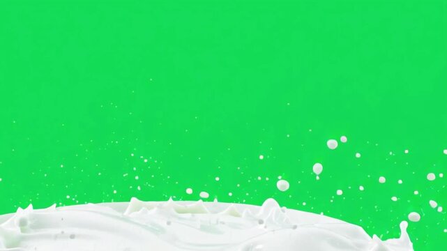 A magnificent white liquid splash rises dynamically upwards, scattering droplets against a brilliant green screen background.