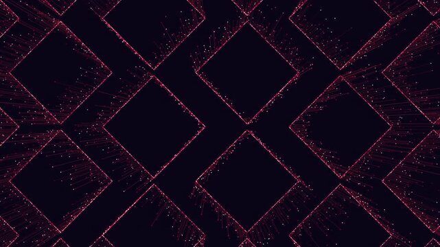 Futuristic abstract footage of glowing red particles and lines forming a diagonal square grid on dark background, digital network pattern for technology, data, and AI themes