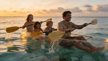 Obraz premium Family kayaking at sunset
