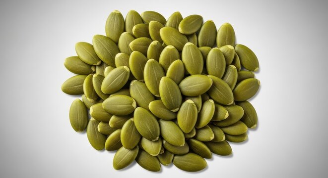 A detailed overhead view of raw pepitas, showcasing their irregular shape and brilliant color, used widely in healthy meals and grain mixes, heap, dietary, food