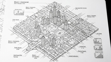 Fototapeta premium Detailed urban planning map with labeled city blocks and infrastructure elements on white background