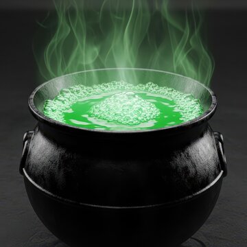 A spooky black cauldron bubbles vigorously with a vibrant green magical potion under dark ambient lighting, perfect for witchcraft and Halloween decor, toxic, vapor, ingredients