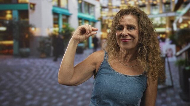 Woman pinching thumb and forefinger together on a cobblestone street in front of cafe storefronts, denim sleeveless top; confidence.