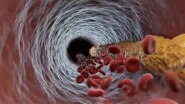 Detailed medical illustration showing atherosclerosis with fatty plaque buildup narrowing a blood vessel, impeding the flow of red blood cells, representing a serious cardiovascular disease