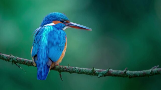 Stunning common kingfisher perched on a mossy branch against a soft green blurred background