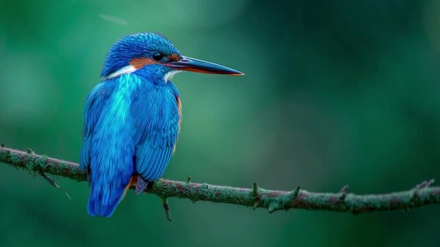A vibrant common kingfisher perched on a mossy branch against a soft, outoffocus green forest background