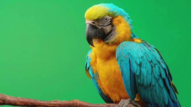 A majestic blue and yellow macaw parrot intently observes its surroundings while perched on a branch.