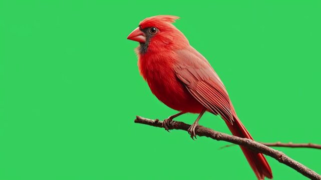 A vibrant male northern cardinal bird perched on a thin tree branch against a solid green screen background