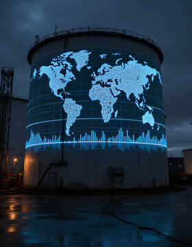 Industrial tank with glowing global data projection