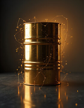 Shiny gold barrel with illuminated particle network