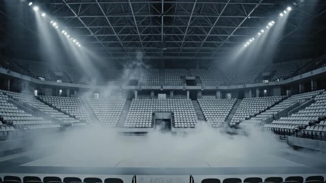An empty sports arena with fog on the court and spotlights shining down, creating a dramatic and mysterious atmosphere.
