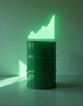Green barrel with glowing neon chart showing growth