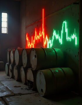 Industrial warehouse with oil barrels and vibrant stock market g