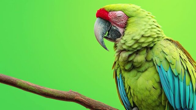 Closeup portrait of a military macaw parrot perched on a branch against a green screen background