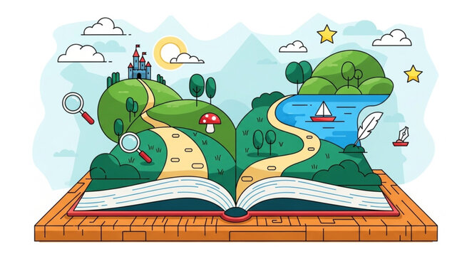 Open book with fantasy landscape and castle illustration.