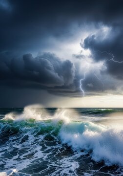 Ominous, dark gray thunderheads fill the vast, imposing sky above a crashing, rough sea demonstrating extreme turbulent weather conditions and danger, cloudscape, sky, menacing