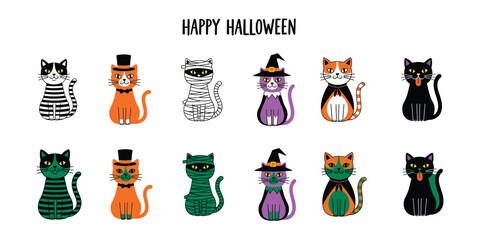 Fototapeta premium Festive halloween pumpkin cartoon vector collection cute cats pumpkins in spooky costumes