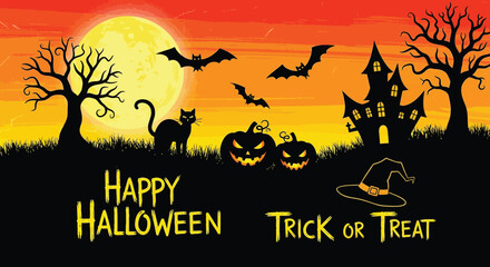 Spooky halloween pumpkin cartoon vector illustration bats castle and festive greetings © ROBIN