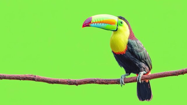 Keelbilled toucan perched on a branch against a vibrant green screen background