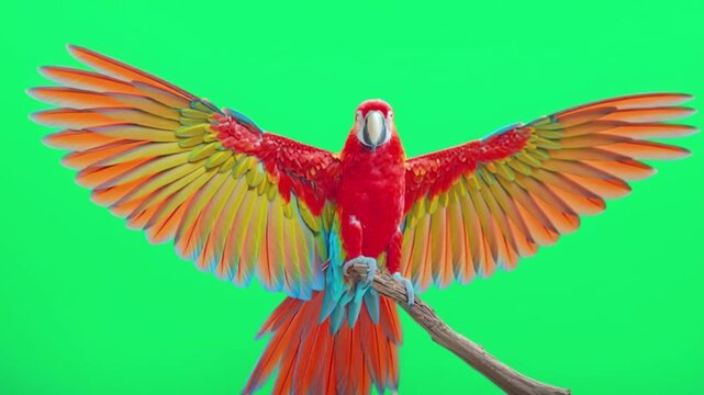 Scarlet macaw parrot with wings spread wide, perched on a branch against a vibrant green screen background