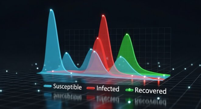 A 3D graph showing the spread of disease with susceptible, infected, and recovered populations over time
