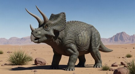 Fototapeta premium A large triceratops dinosaur stands in a desert landscape with mountains in the background under a clear blue sky.