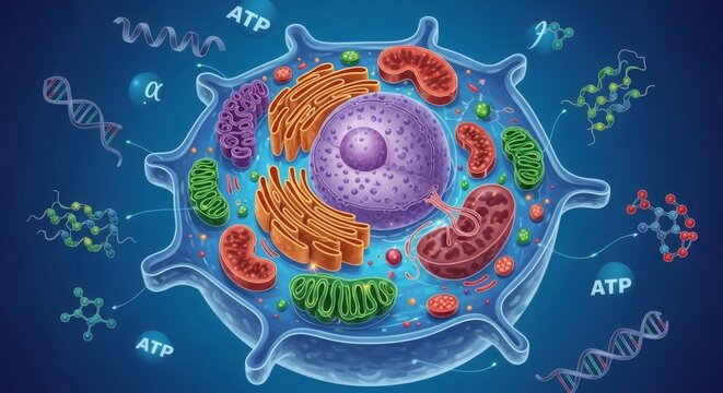 A detailed illustration of a cell showcasing its various organelles and biological components.