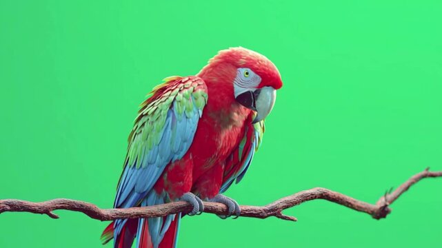 Beautiful scarlet macaw parrot perched on a branch against a green screen background