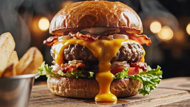 Juicy bacon cheeseburger with melting cheese on toasted bun