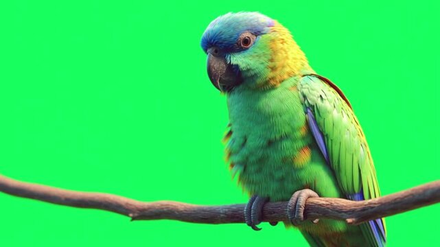 A vibrant parrot perched on a branch against a green screen background, capturing its colorful plumage and detail
