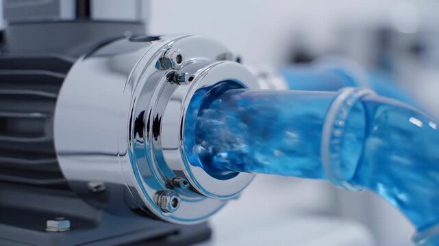 Close-up of a chrome circulation pump with blue liquid flowing through a transparent tube. Industrial hydraulic system in operation. HVAC and cooling maintenance concept