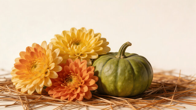 Flowers and Pumpkin on Straw