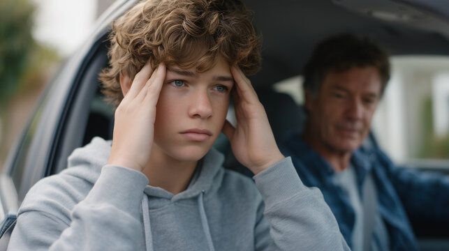 Teenage driver parallel parking on empty lot while father stands outside car pressing hands to temples, passenger seat empty, teen driving lesson stress, parent anxiety, suburban practice session, d