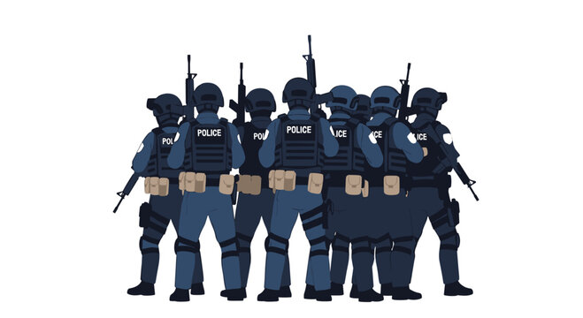 A group of elite tactical police officers stands in a disciplined formation wearing dark blue uniforms and heavy protective vests while holding long rifles.