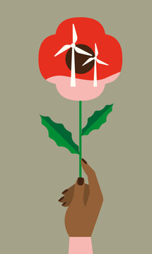 Hand Holding Poppy with Wind Turbines Inside