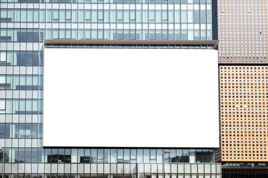 Large blank horizontal billboard mockup mounted on the glass facade of a modern skyscraper in Seoul, South Korea