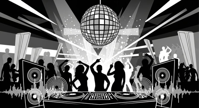 Disco Party Scene with Silhouettes and Lights.