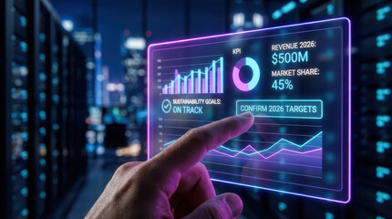 Fototapeta premium Futuristic digital interface with business analytics, revenue forecast, and market share data being accessed by finger in server room, showing innovation and technology progress