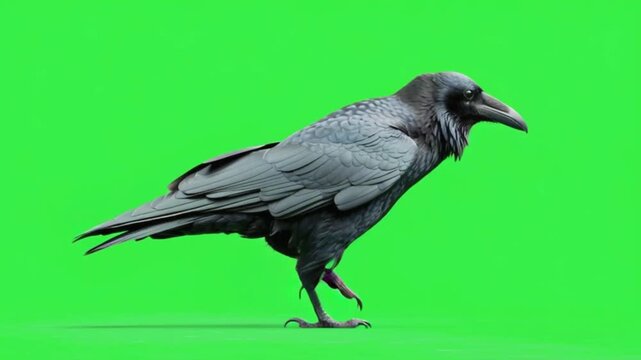 A realistic common raven standing on a green screen background, side view of a black bird with detailed feathers