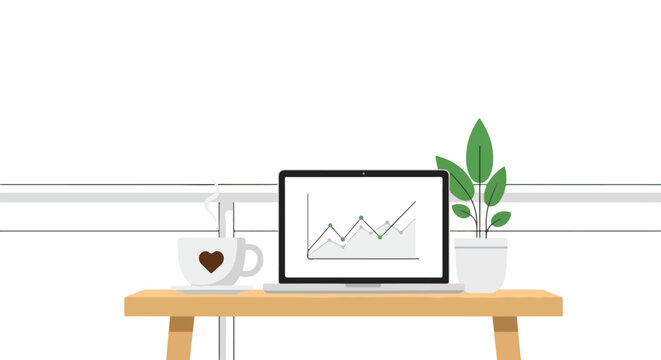 This flat vector illustration features a laptop with charts, a heart-themed coffee cup, and a green plant on a wooden desk against a balcony backdrop.