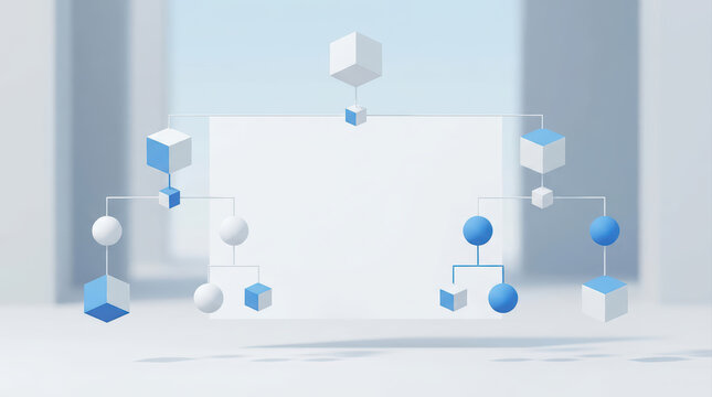 Abstract geometric shapes blue cube white sphere minimalistic design 3D illustration modern art floating objects clean background digital composition soft shadows