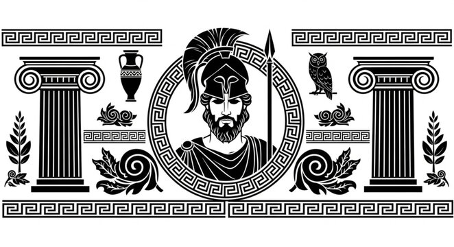 Ancient Greek Warrior Portrait with Architectural Elements and Owl.